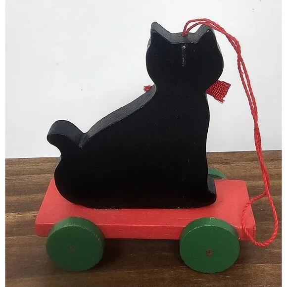 Vtg Midwest Wood Black Cat On Red Cart Christmas Ornament Shelf Sitter Pull Toy - Picture 3 of 8